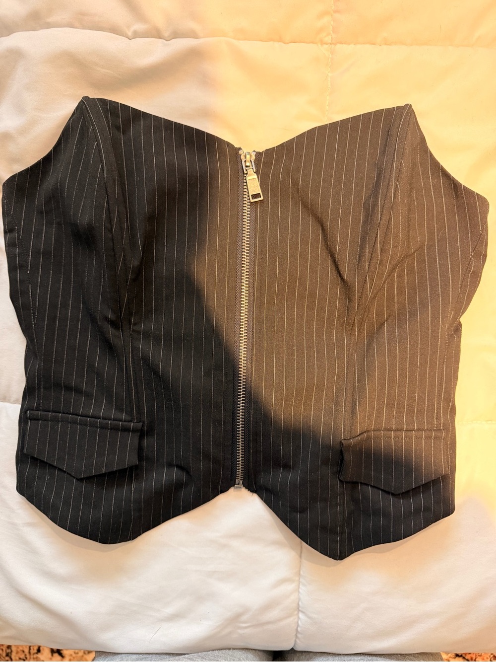 Princess Polly Black Pinstripe Strapless Zip-Up Corset Vest